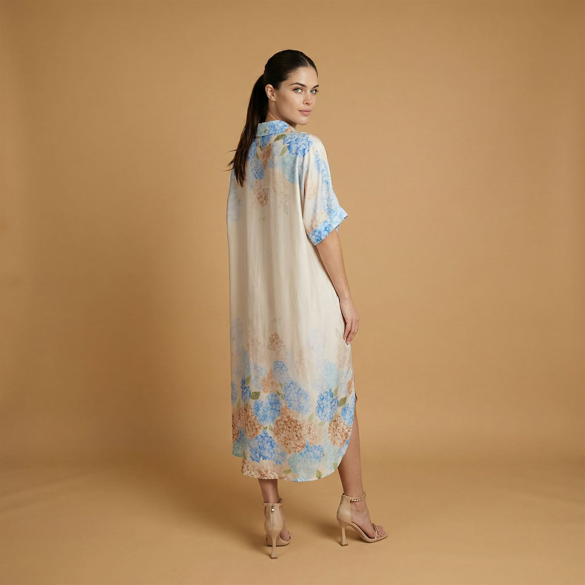 Robe satinée col chemise à imprimé hortensia – kd6917vs 5