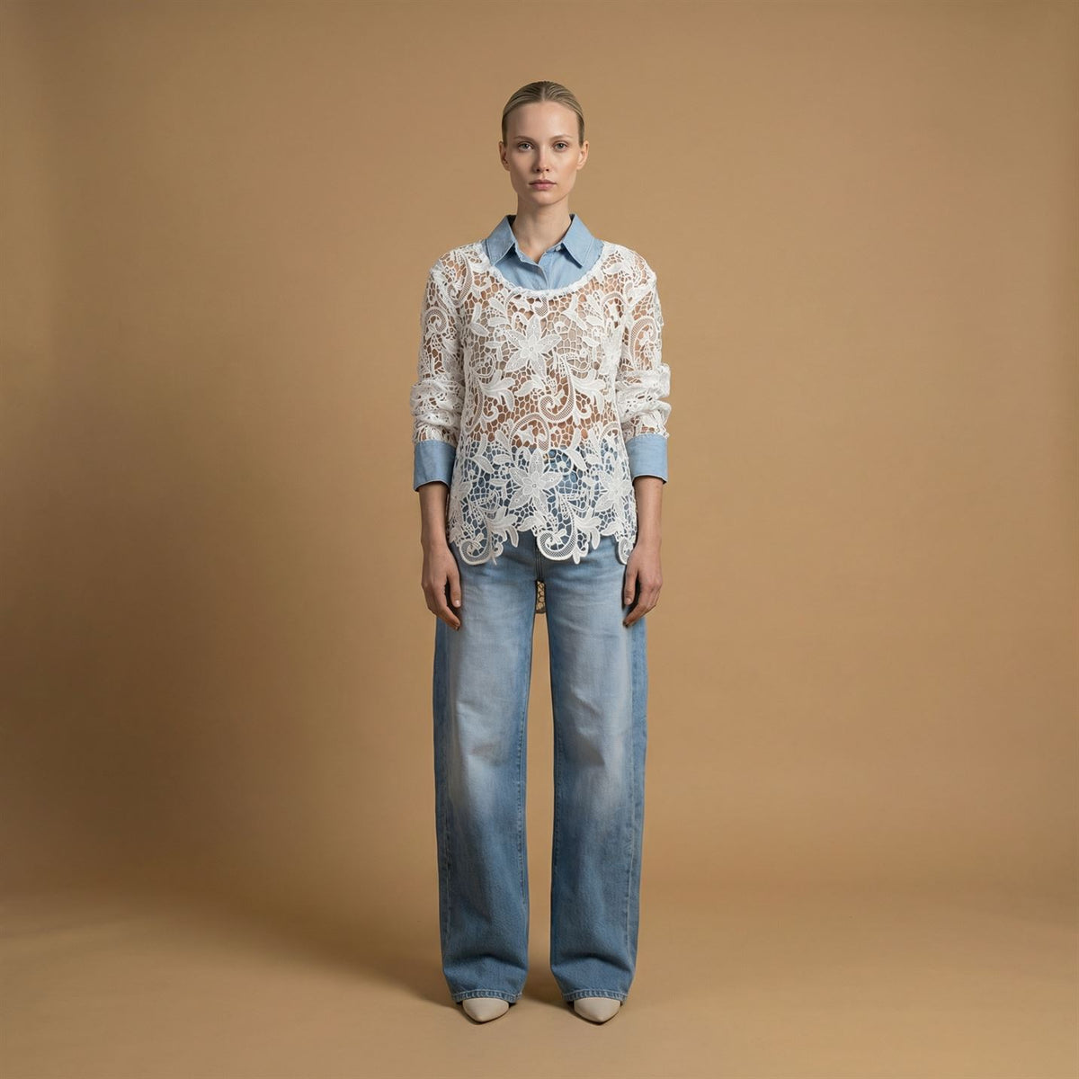 Lace top with denim shirt collar csw5091