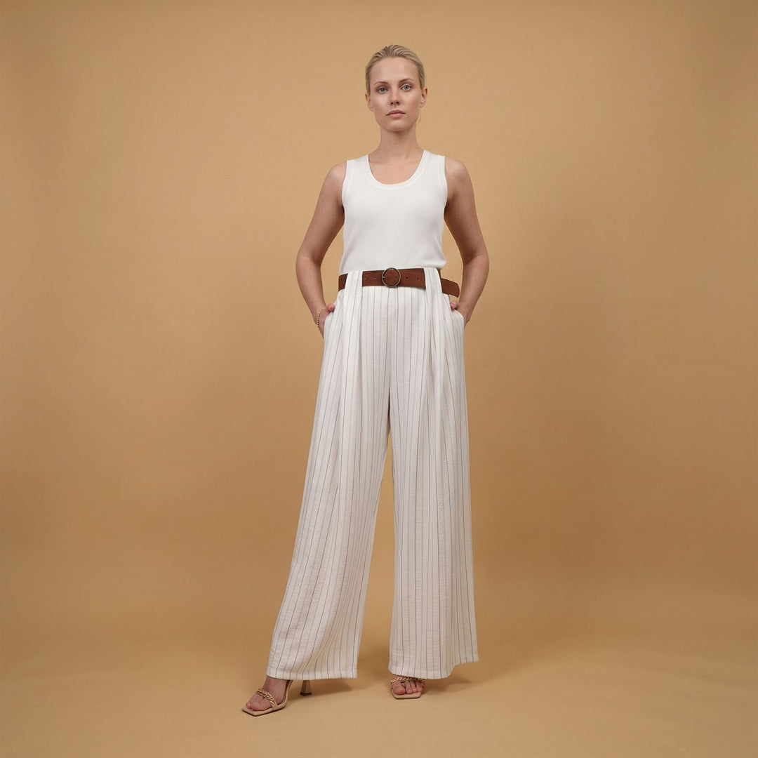 Wide-leg striped trousers with belt included – BCG03248 