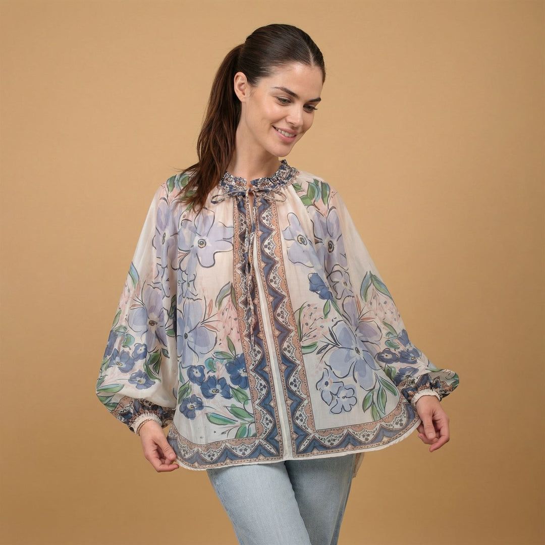 Blouse imprimée col liens volants BCR01796-2