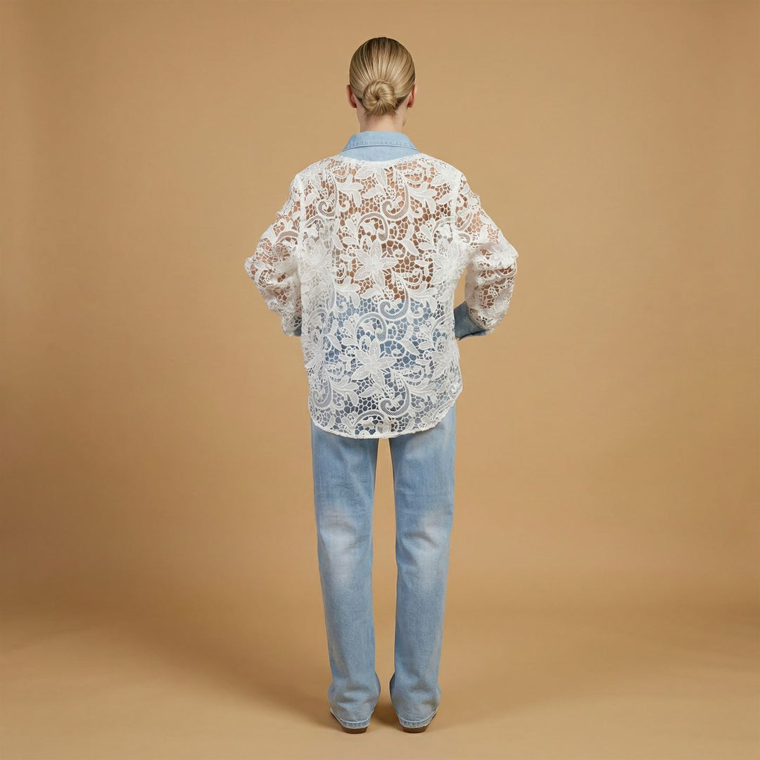 Lace top with denim shirt collar csw5091