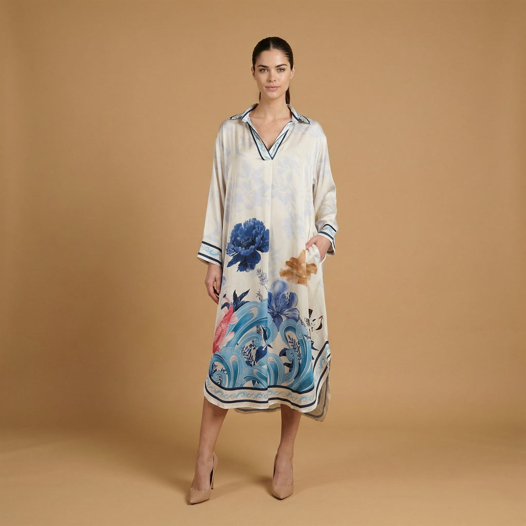 Robe satinée col V imprimé floral KD9086VS-5