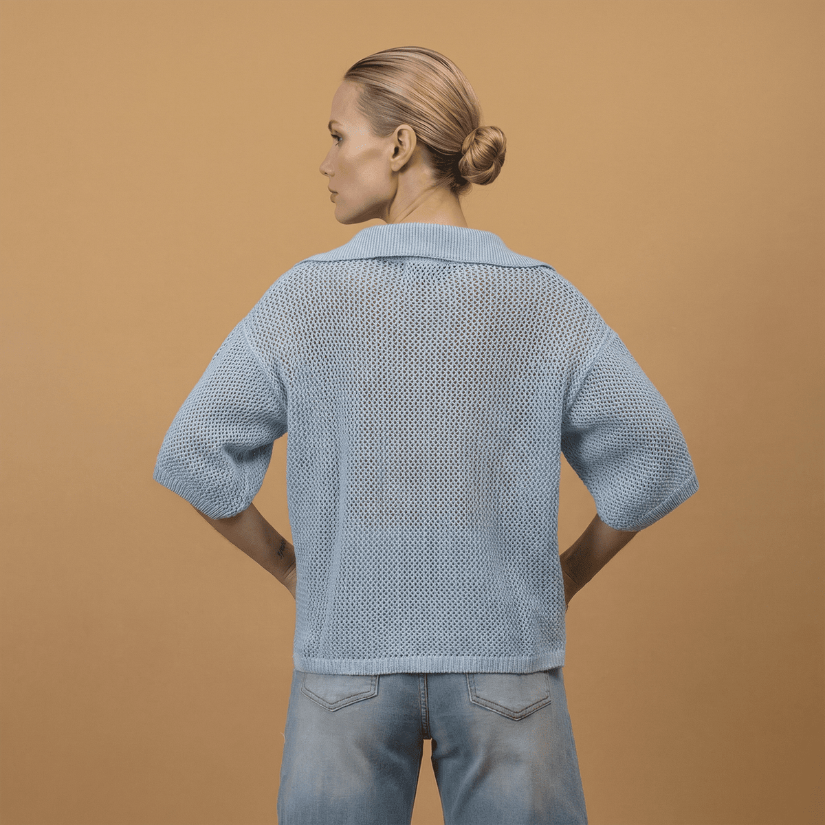 Textured knit open neck sweater ca10115