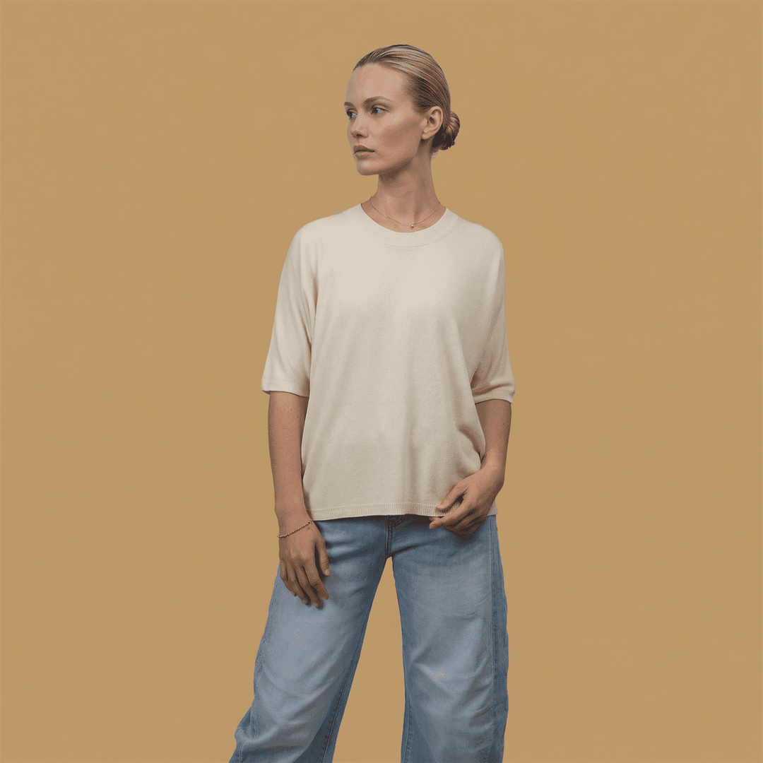 Short-sleeved pastel round neck sweater ca10879