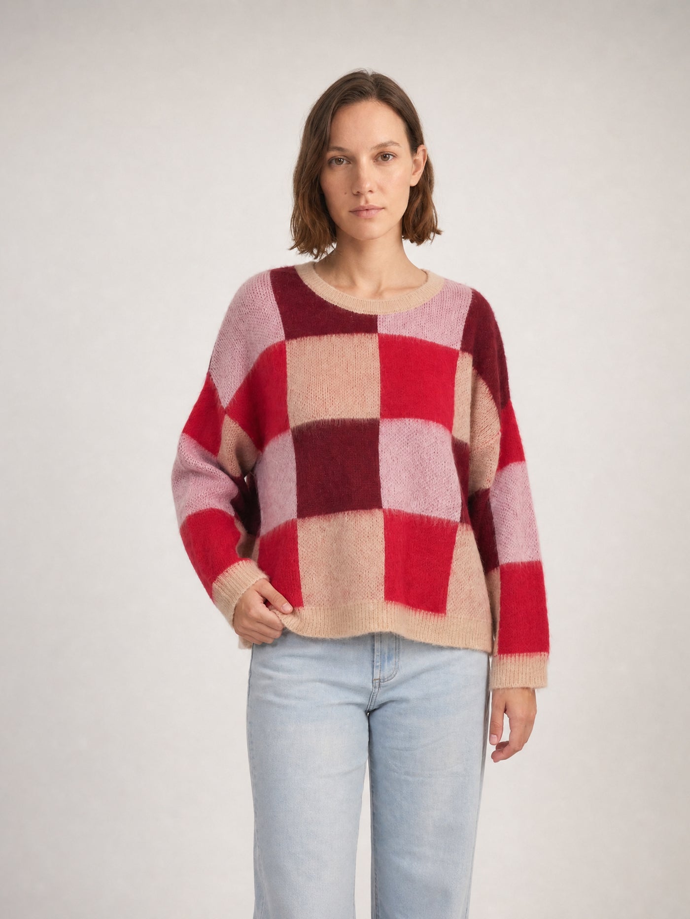 Pull en maille mohair à carreaux, col rond – CA10928