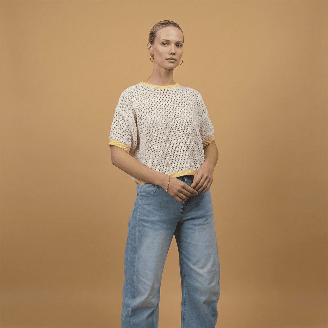Pull ajoure manches courtes bords contrastes ca8439