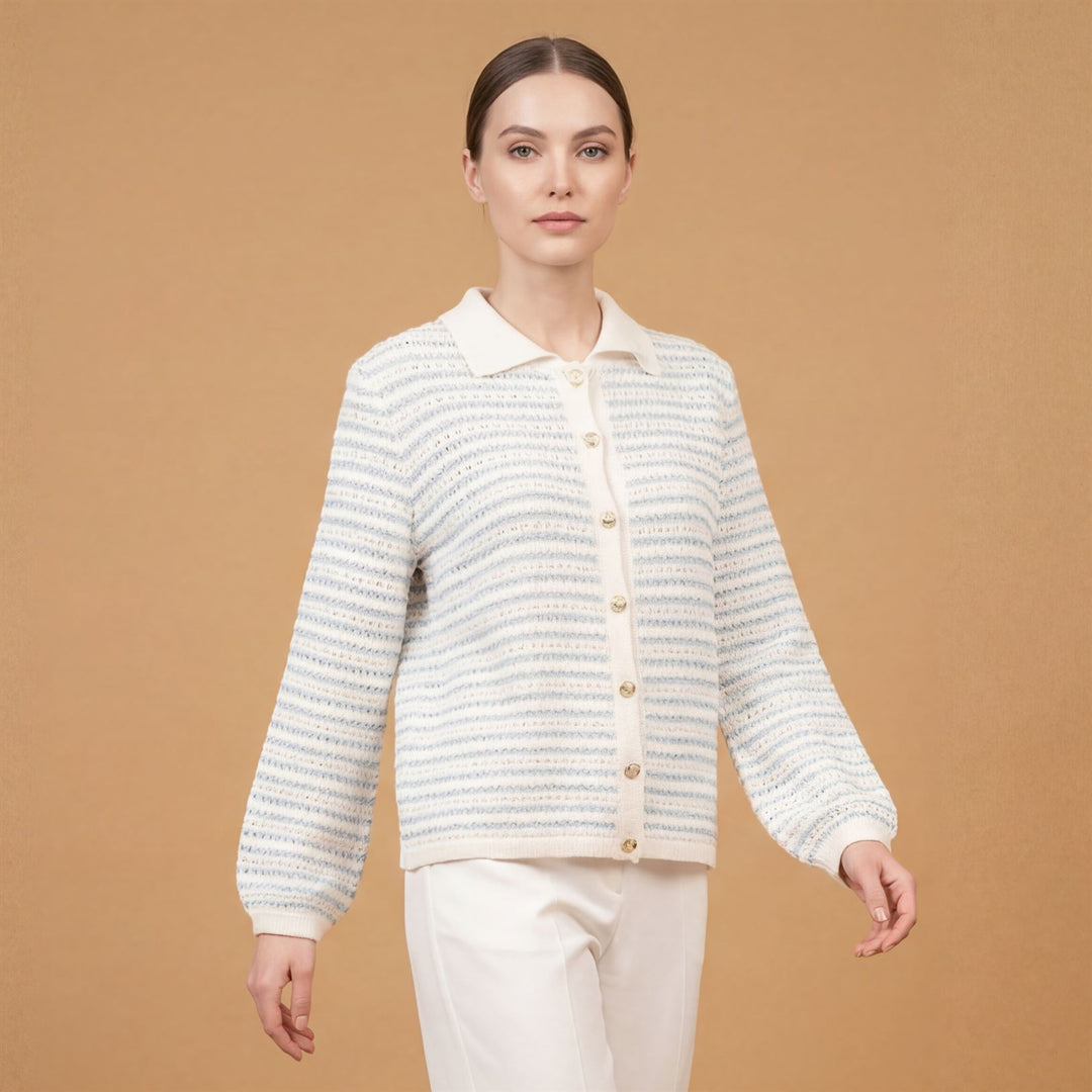 Striped knit polo collar cardigan – Buttoned – CA9767