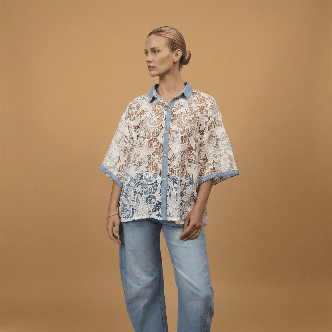 Lace shirt with denim collar csw5065