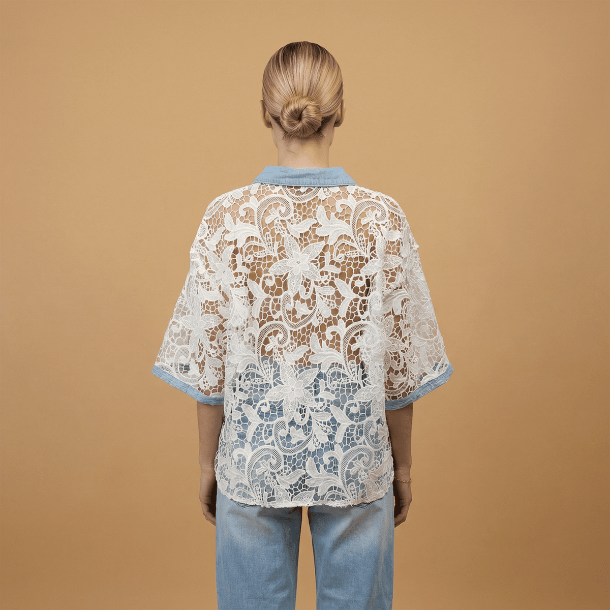 Lace shirt with denim collar csw5065