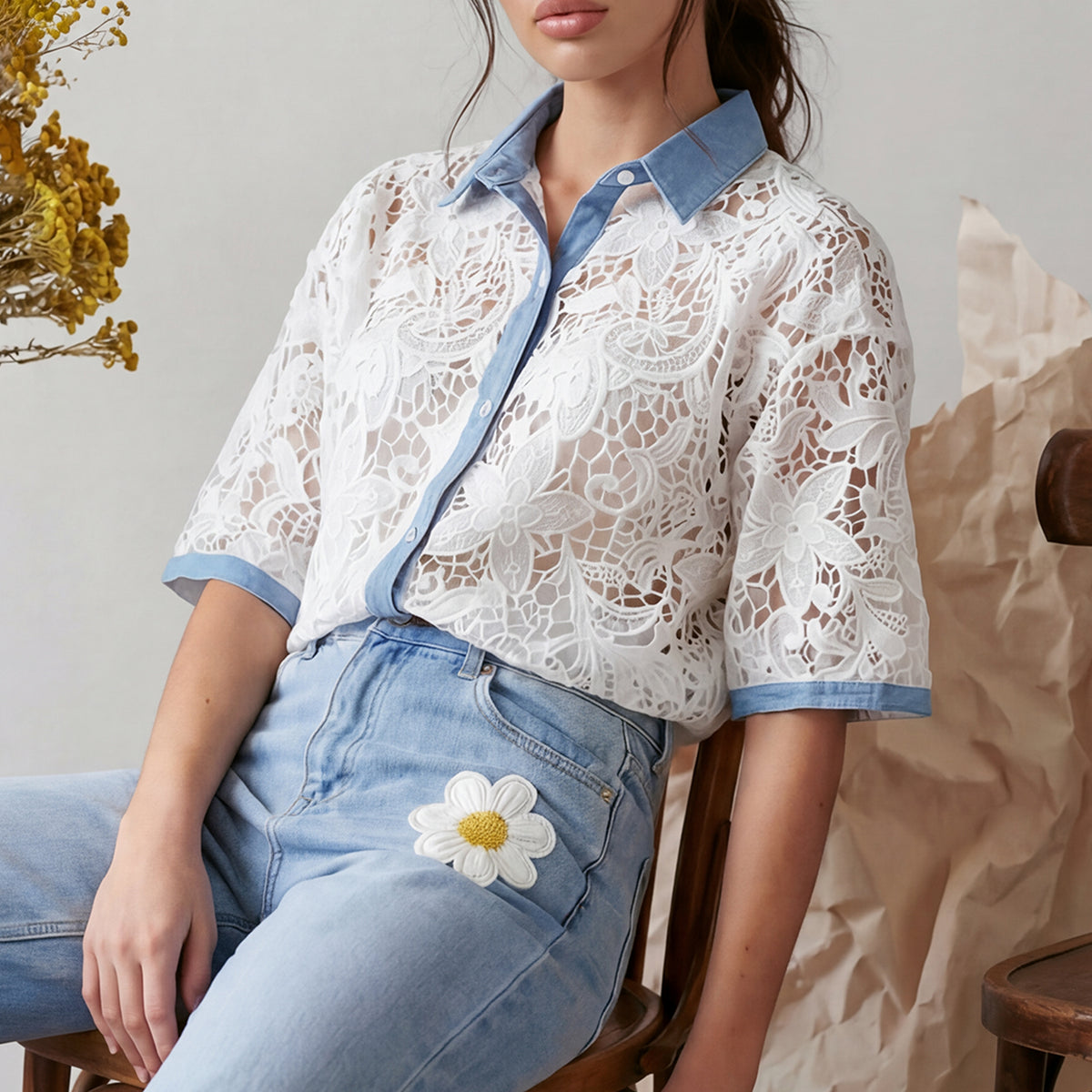 Lace shirt with denim collar csw5065