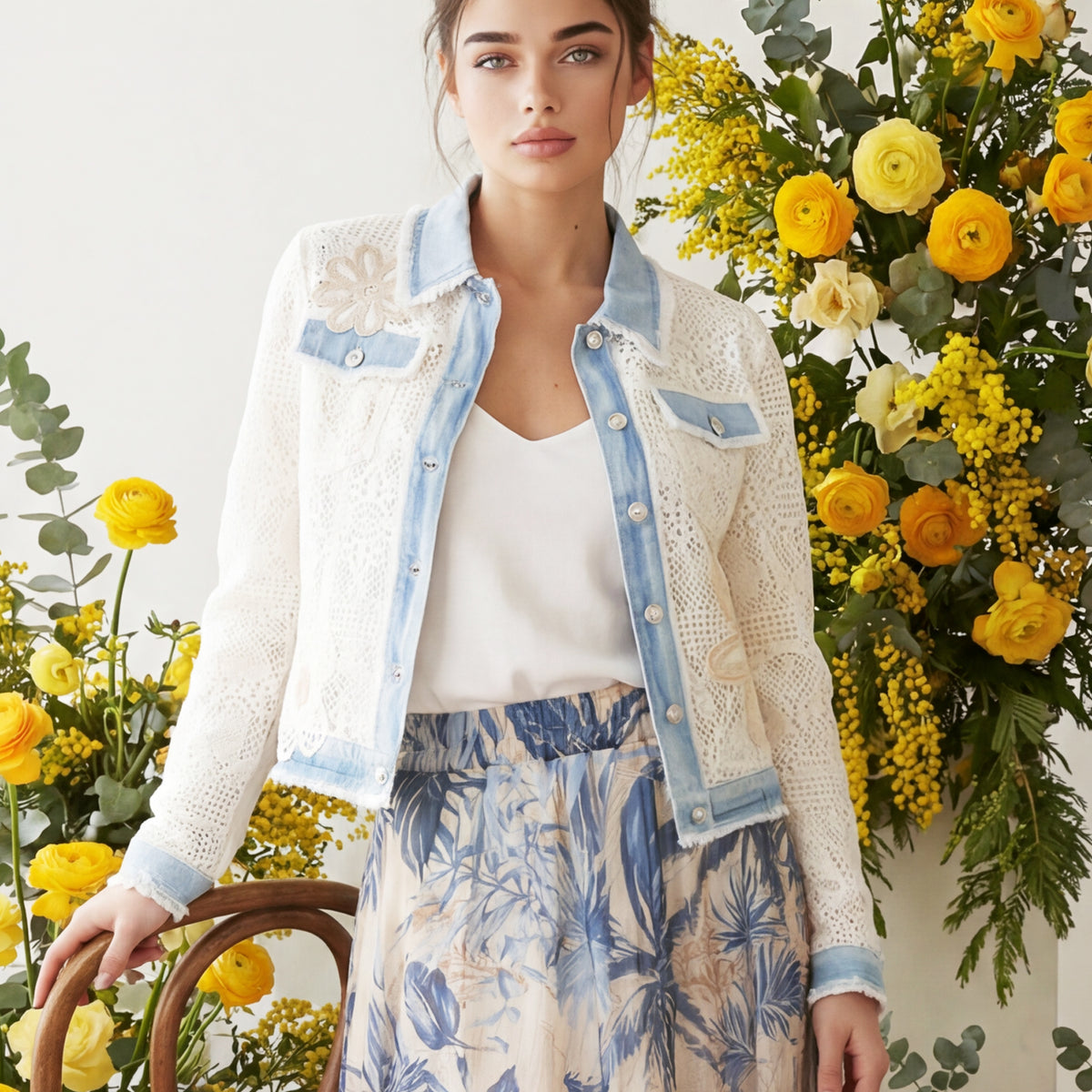 Floral lace jacket with denim details – csw5079