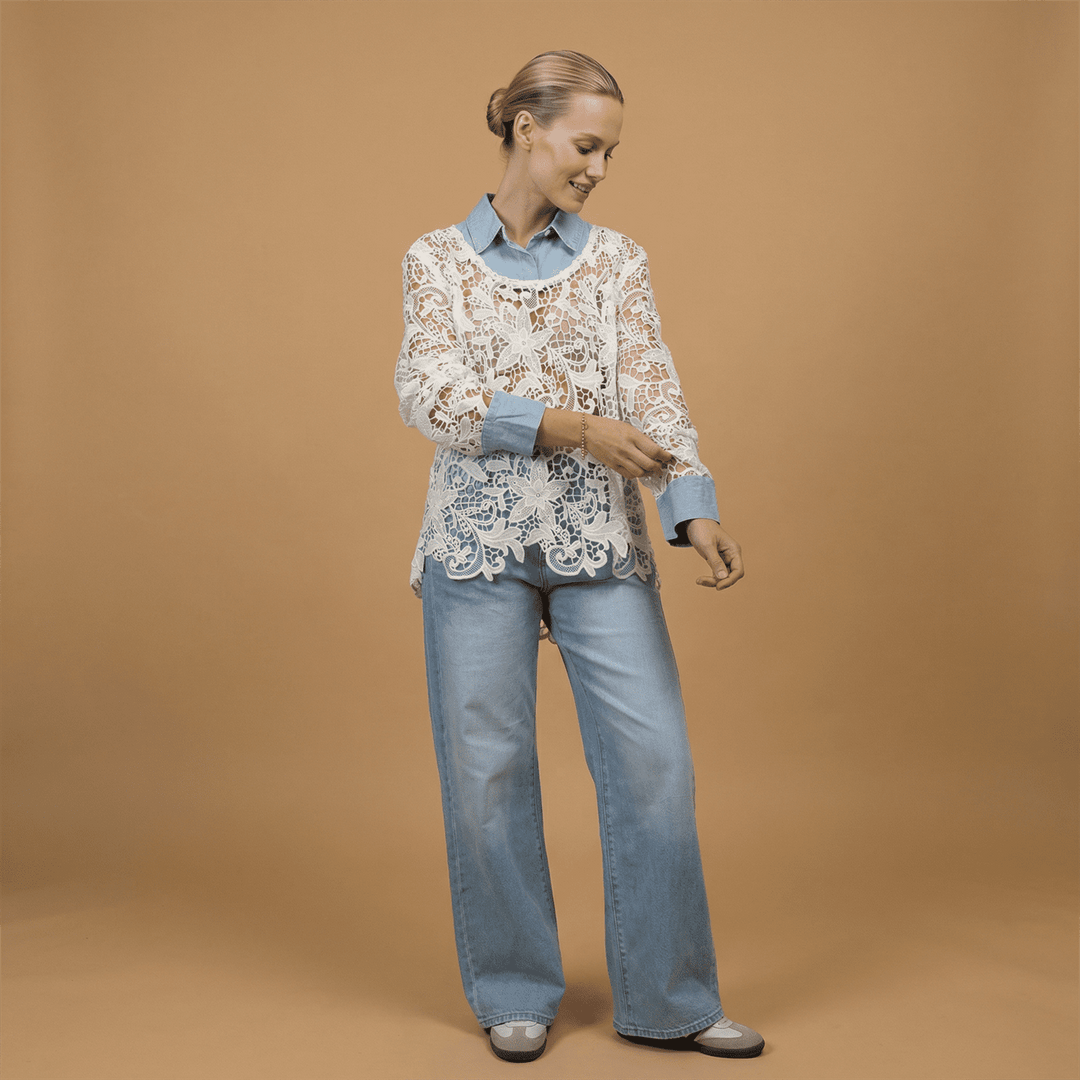 Lace top with denim shirt collar csw5091