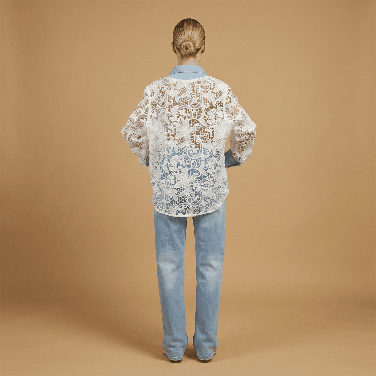 Lace top with denim shirt collar csw5091