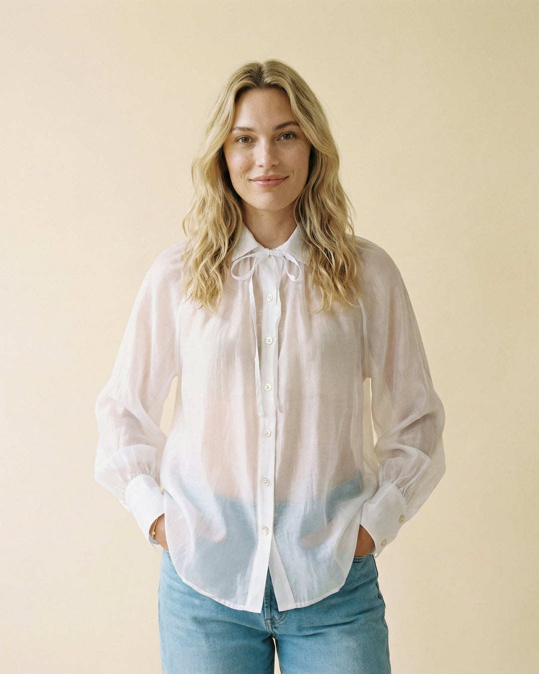 Semi-sheer satin tie-front shirt CVACM293