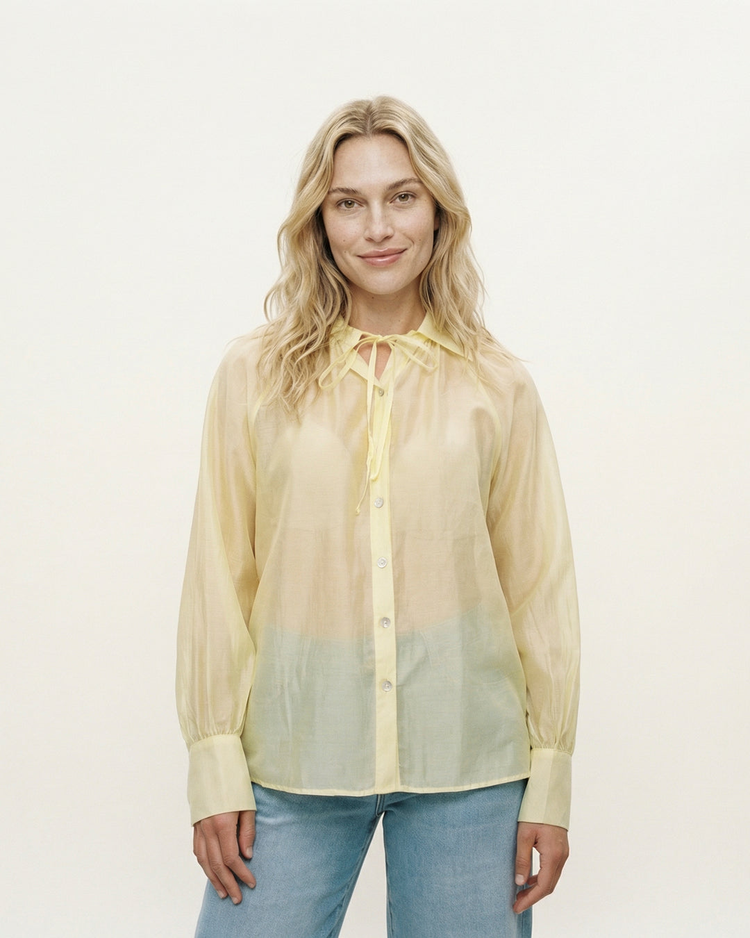 Semi-sheer satin tie-front shirt CVACM293