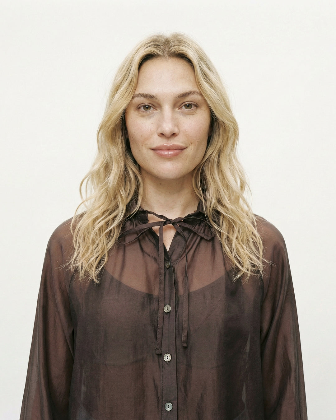 Semi-sheer satin tie-front shirt CVACM293