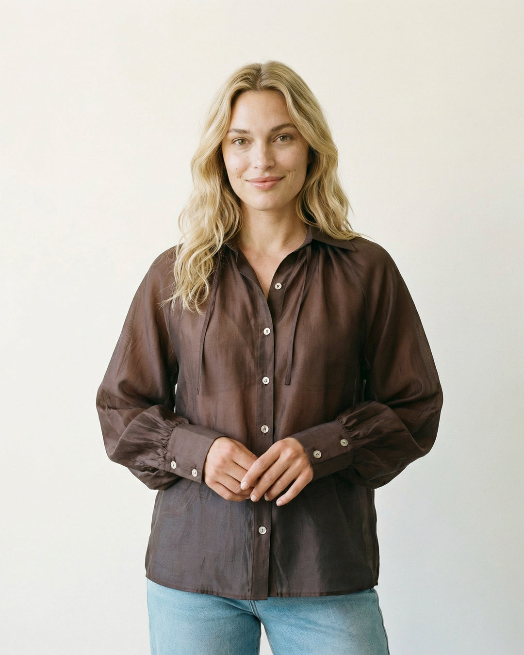 Semi-sheer satin tie-front shirt CVACM293