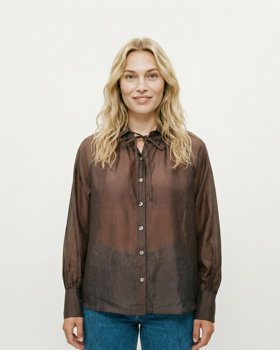 Semi-sheer satin tie-front shirt CVACM293