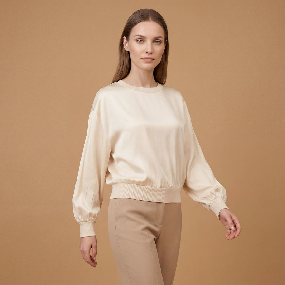Round neck viscose blouse – Ribbed edges – DB13993VS