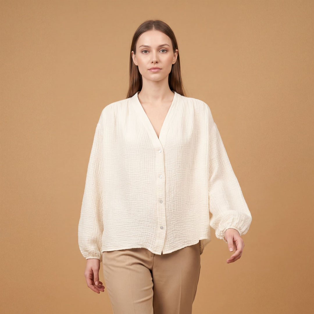 Textured V-neck button-down blouse – DB14637