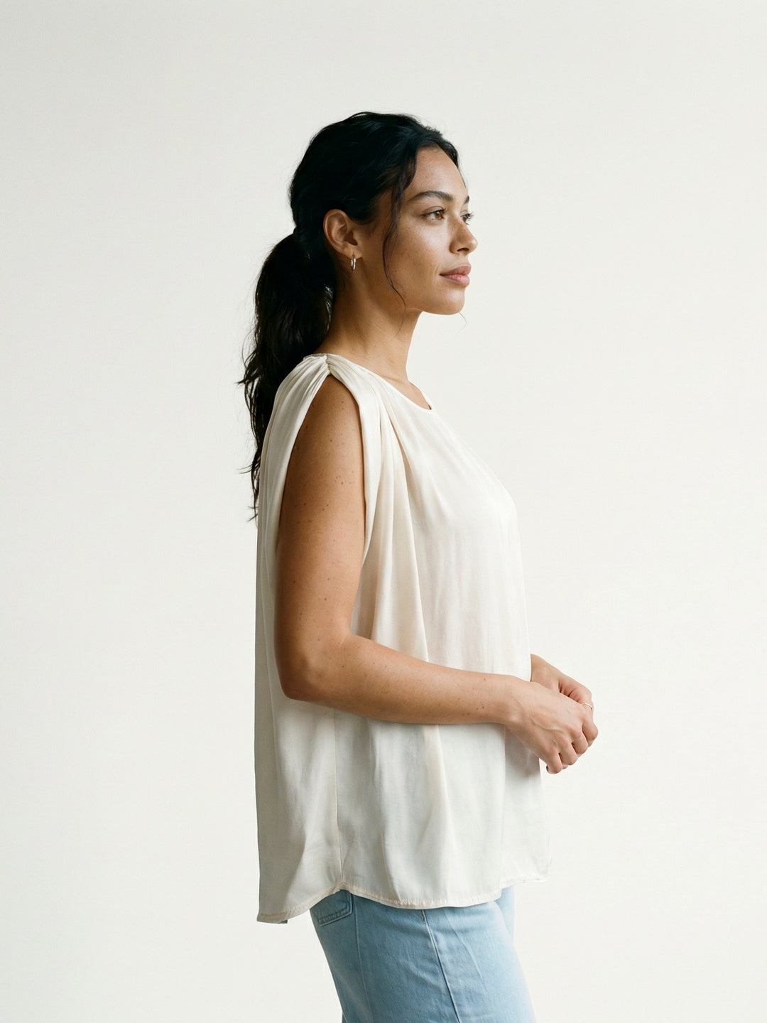 Pleated Round Neck Long Sleeve Flowing Top DB15133