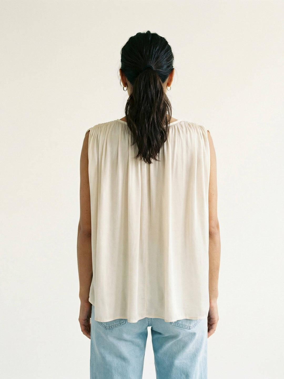 Pleated Round Neck Long Sleeve Flowing Top DB15133