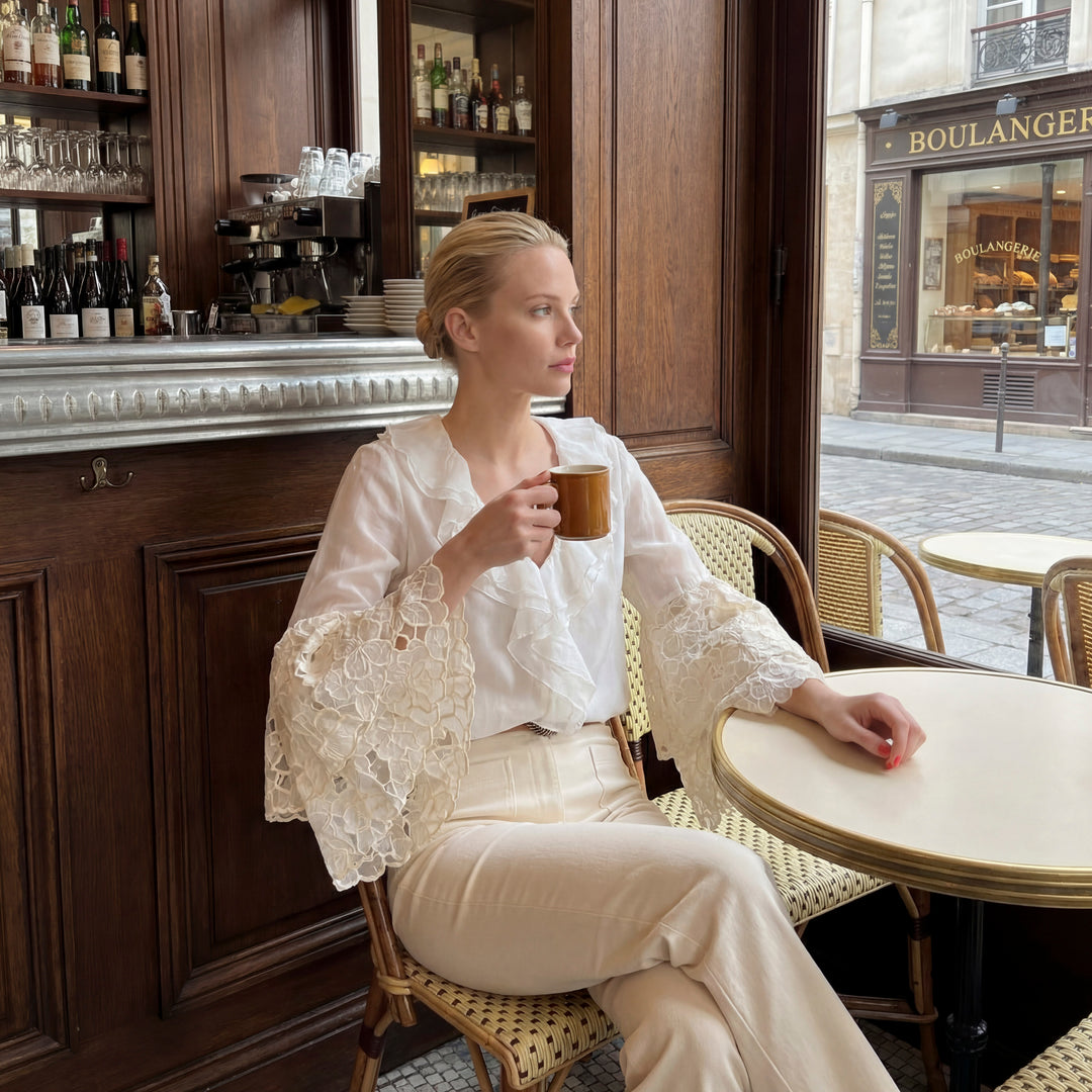 Ruffled blouse with flared lace sleeves – BCR02625