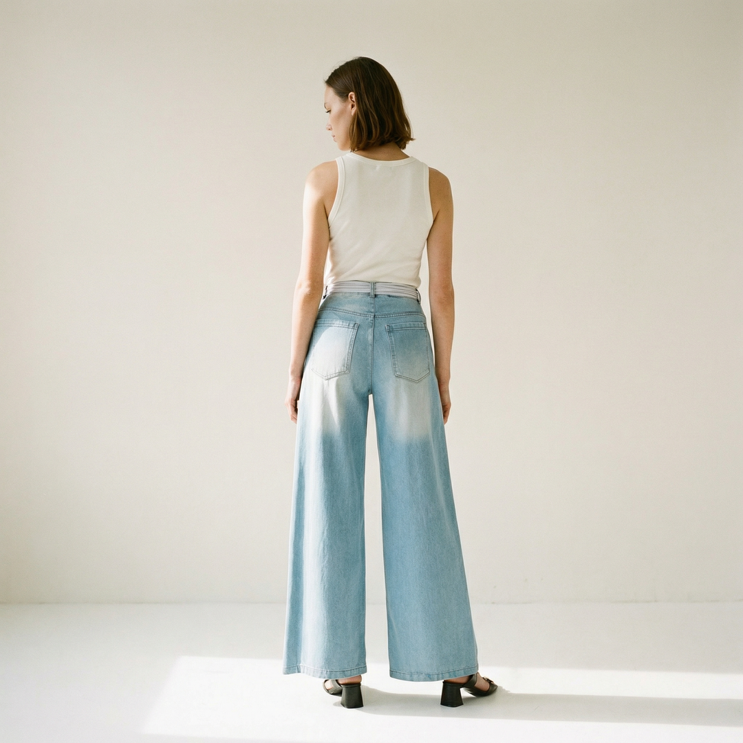 Embroidered denim trousers with scarf belt – BCG03324