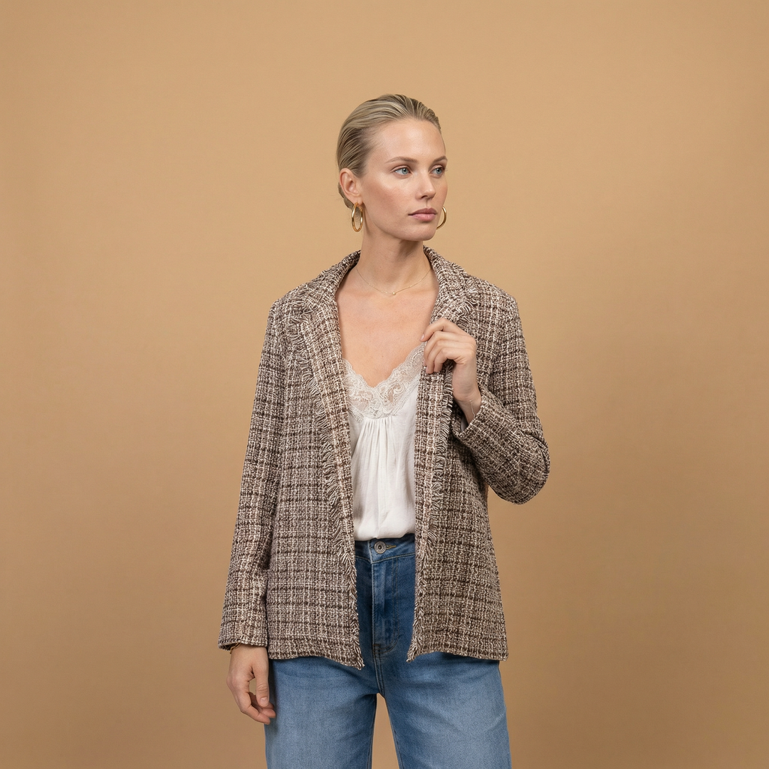 Veste pied-de-poule à col frangé - MF55008