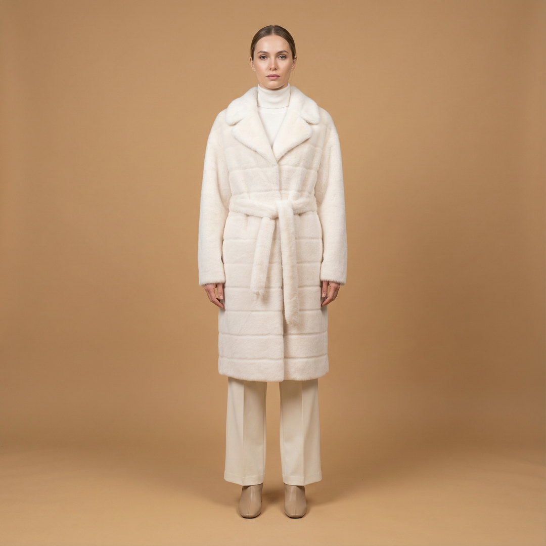 Manteau long ceinturé en fausse fourrure CLG2512