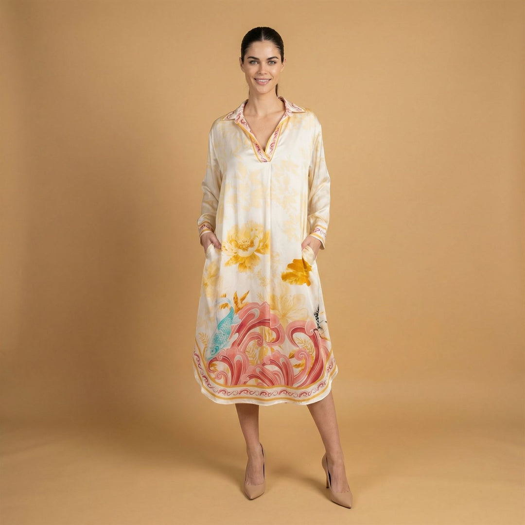 Robe satinée col V imprimé floral KD9086VS-5