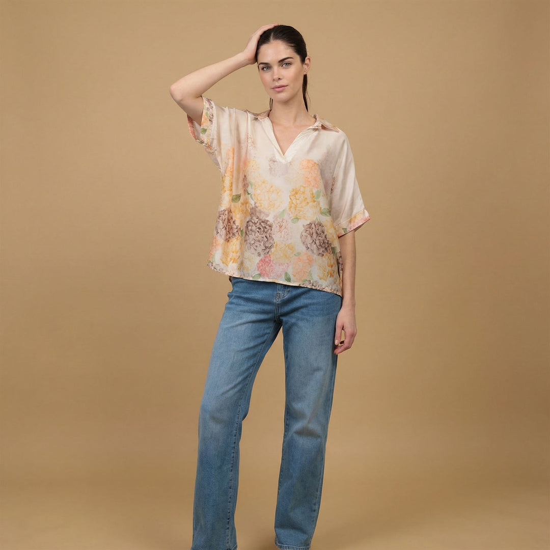 Short-sleeved satin tunic with hydrangea print – KD7607VS-5