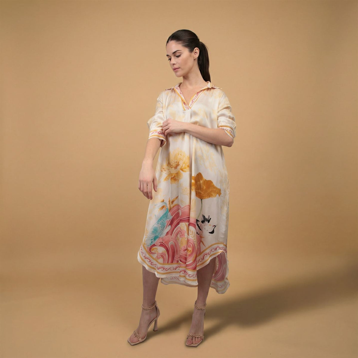 Floral print v neck satin dress kd9086vs 5 