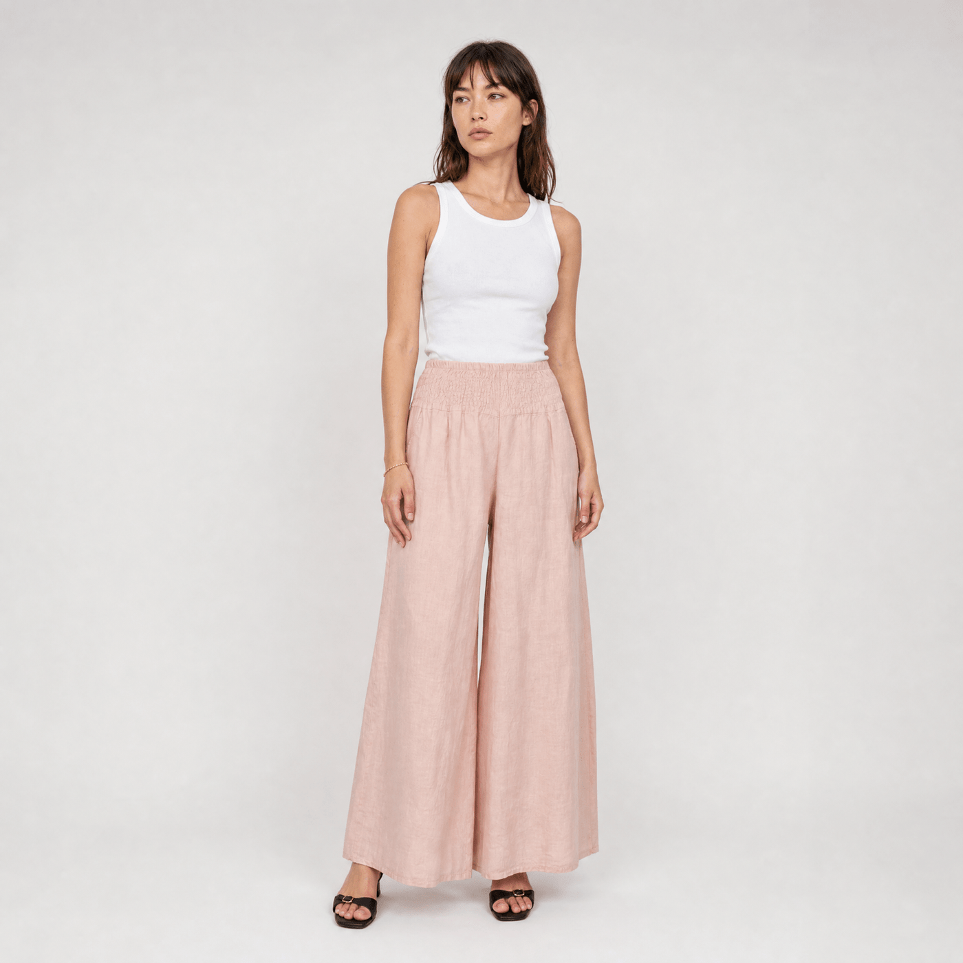 Pantalon large en lin à taille élastiquée JY12013