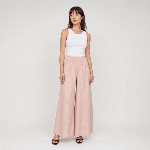 Pantalon large en lin à taille élastiquée JY12013