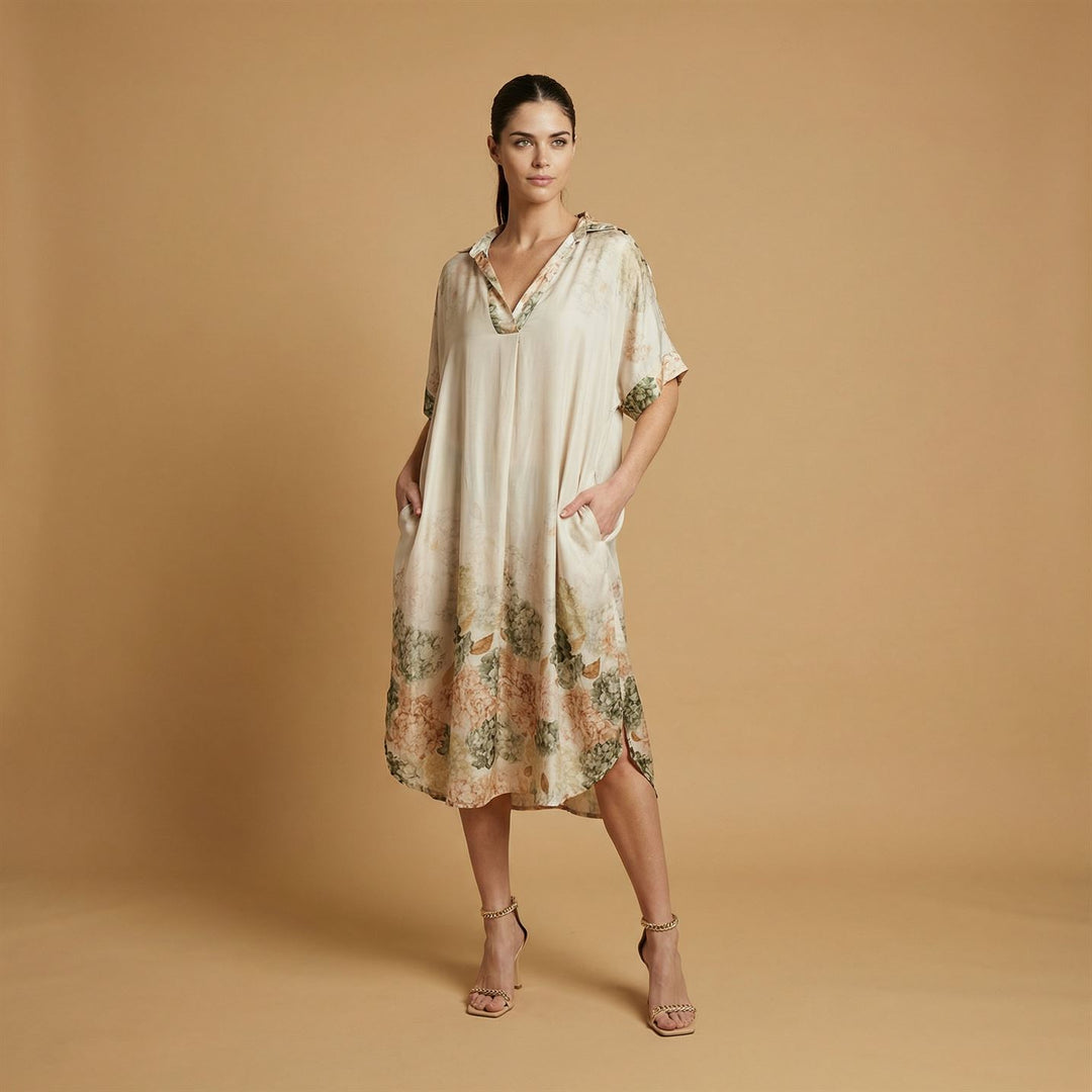 Robe satinée col chemise à imprimé hortensia – KD6917VS-5