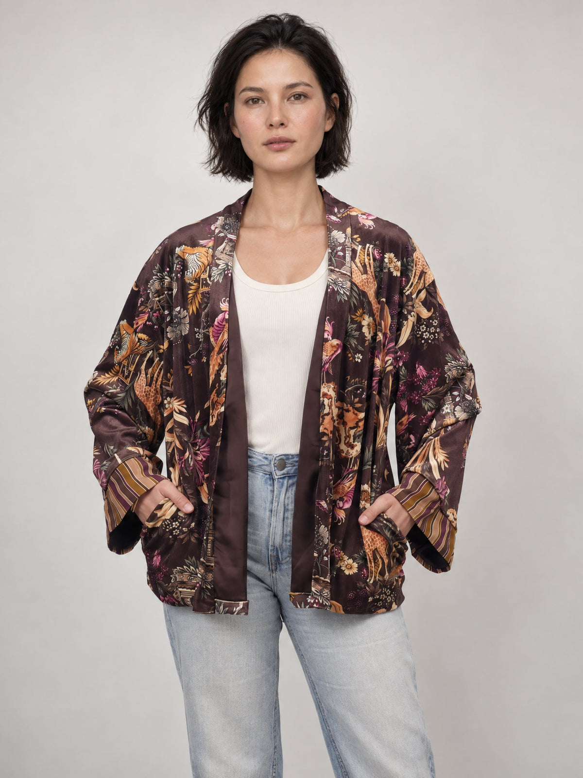 Veste kimono velours fluide à imprimé floral et animalier – KD10026-32