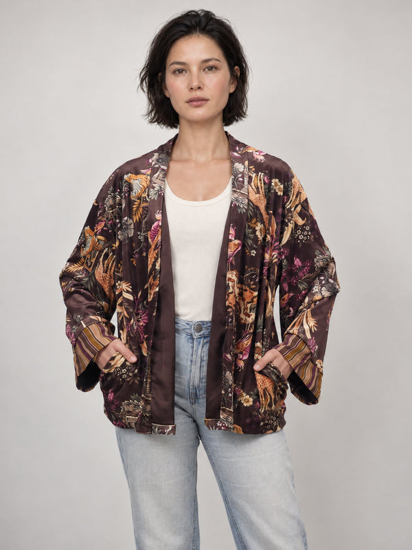Veste kimono velours fluide à imprimé floral et animalier – KD10026-32