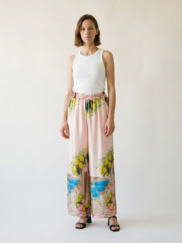 Pantalon large satiné imprimé, taille élastiquée KD6637VS-36