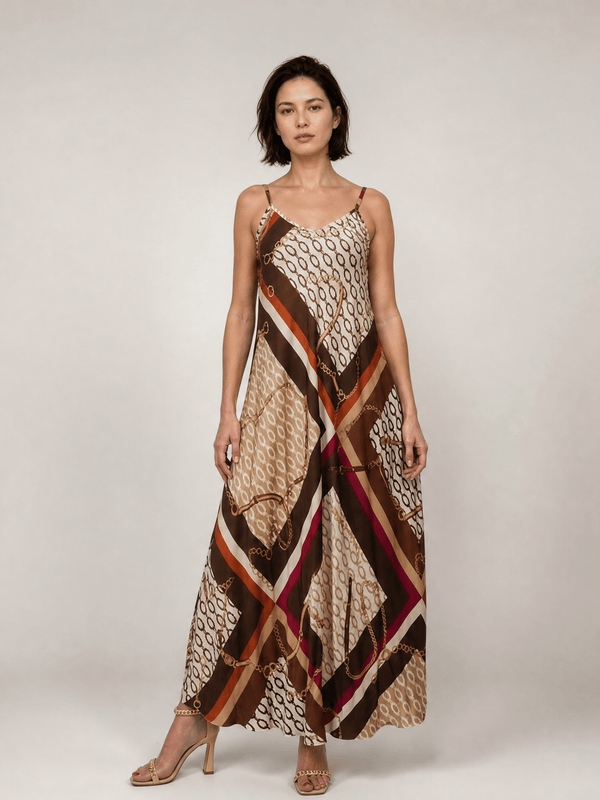 Robe longue satinée à bretelles, imprimé chaînes KD7505VS-28
