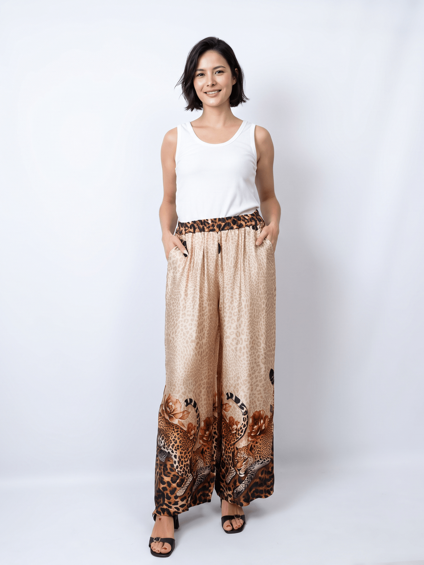 Pantalon satiné fluide à motif léopard KD7789VS-46