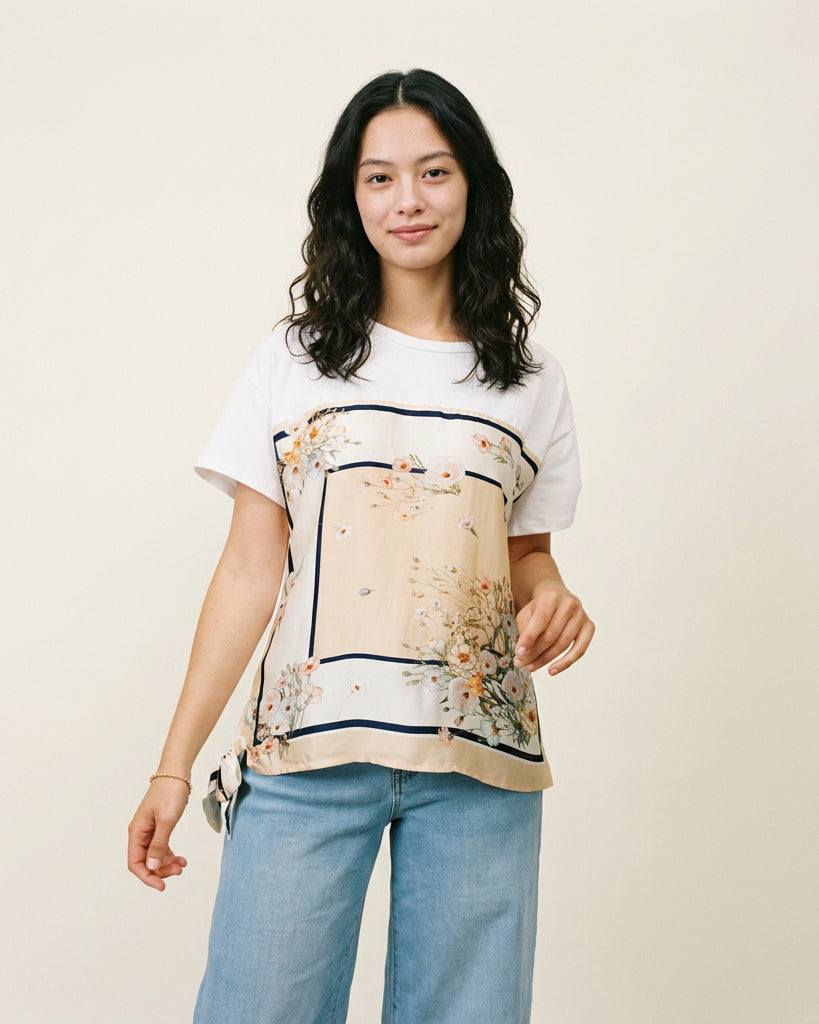 T-shirt imprimé floral encadré avec lien fluide KD8828-11
