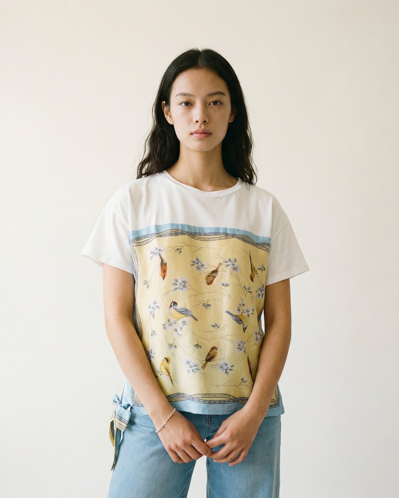 T-shirt imprimé oiseaux encadré avec lien fluide KD8828-12