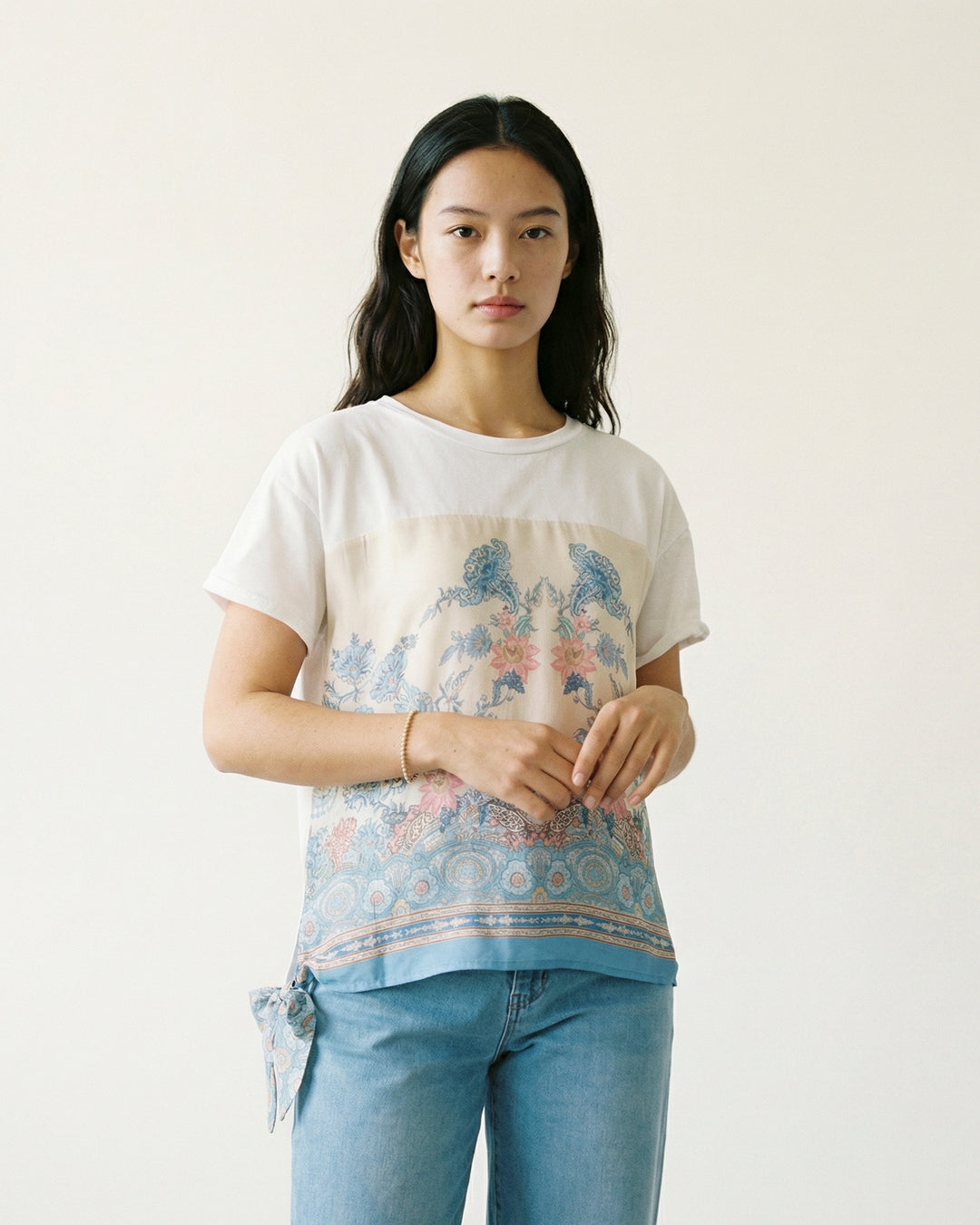 Baroque Floral Print Flowy Tie T-shirt KD8828-14