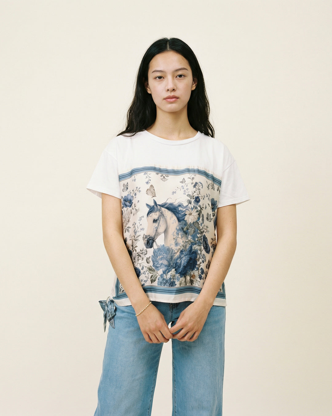 T-shirt imprimé cheval floral encadré avec lien KD8828-15