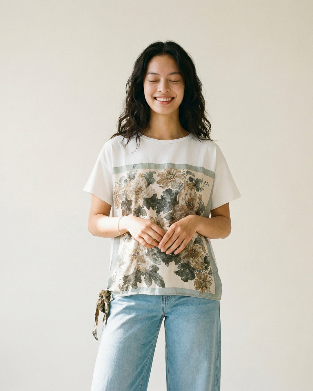 Artistic Floral Print Flowy Tie T-shirt KD8828-16
