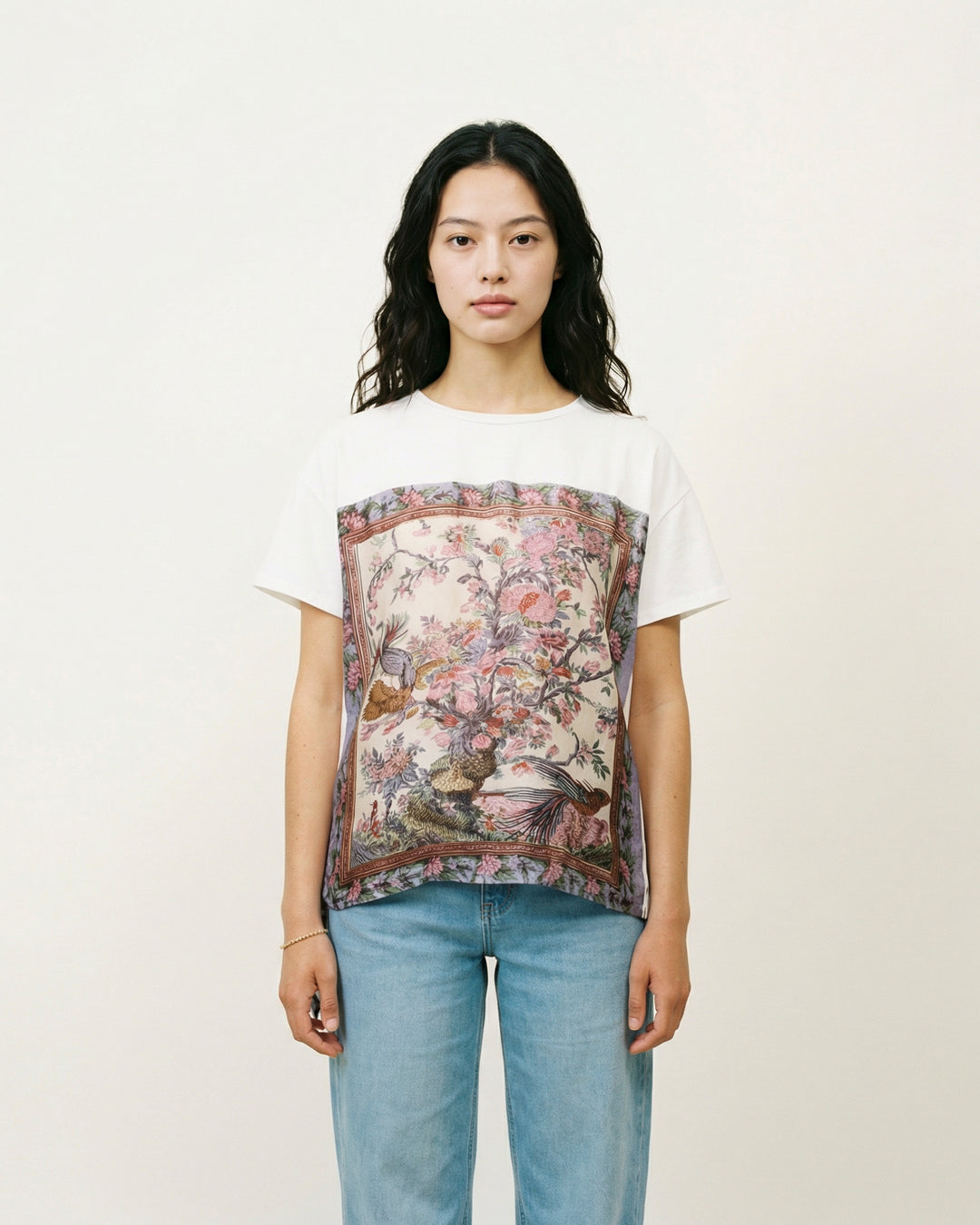 Framed floral and bird print T-shirt with tie KD8828-19