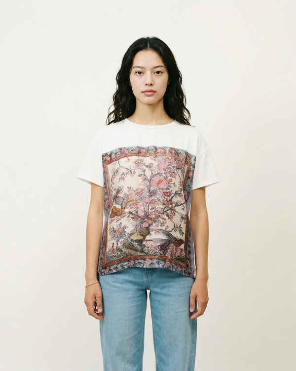 T-shirt imprimé floral et oiseaux encadré avec lien KD8828-19