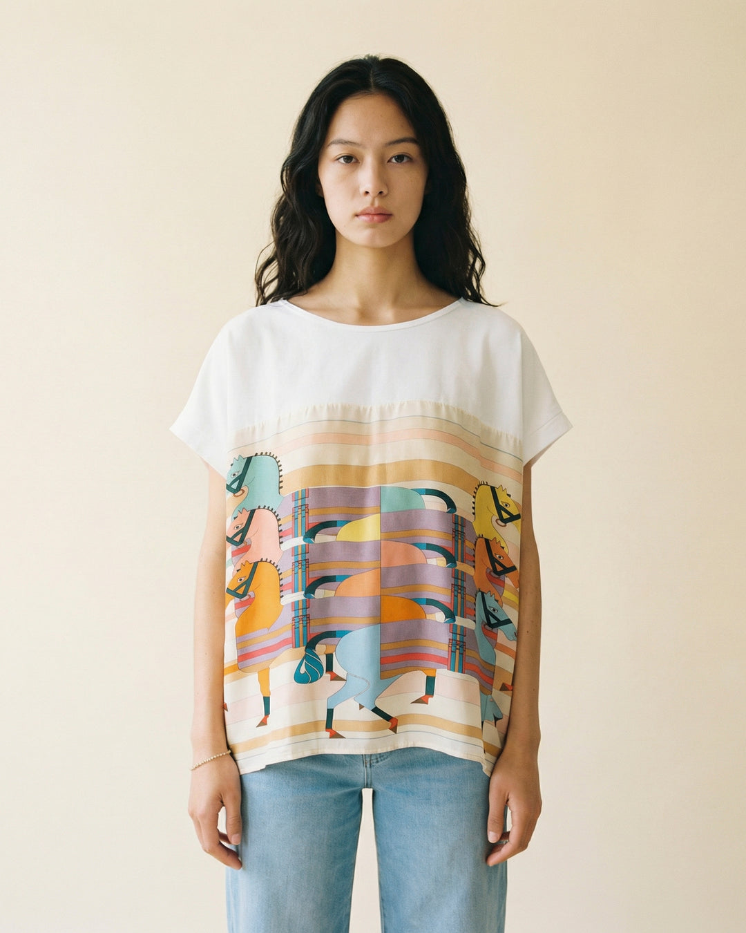 T-shirt imprimé chevaux graphique multicolore fluide KD8860-3