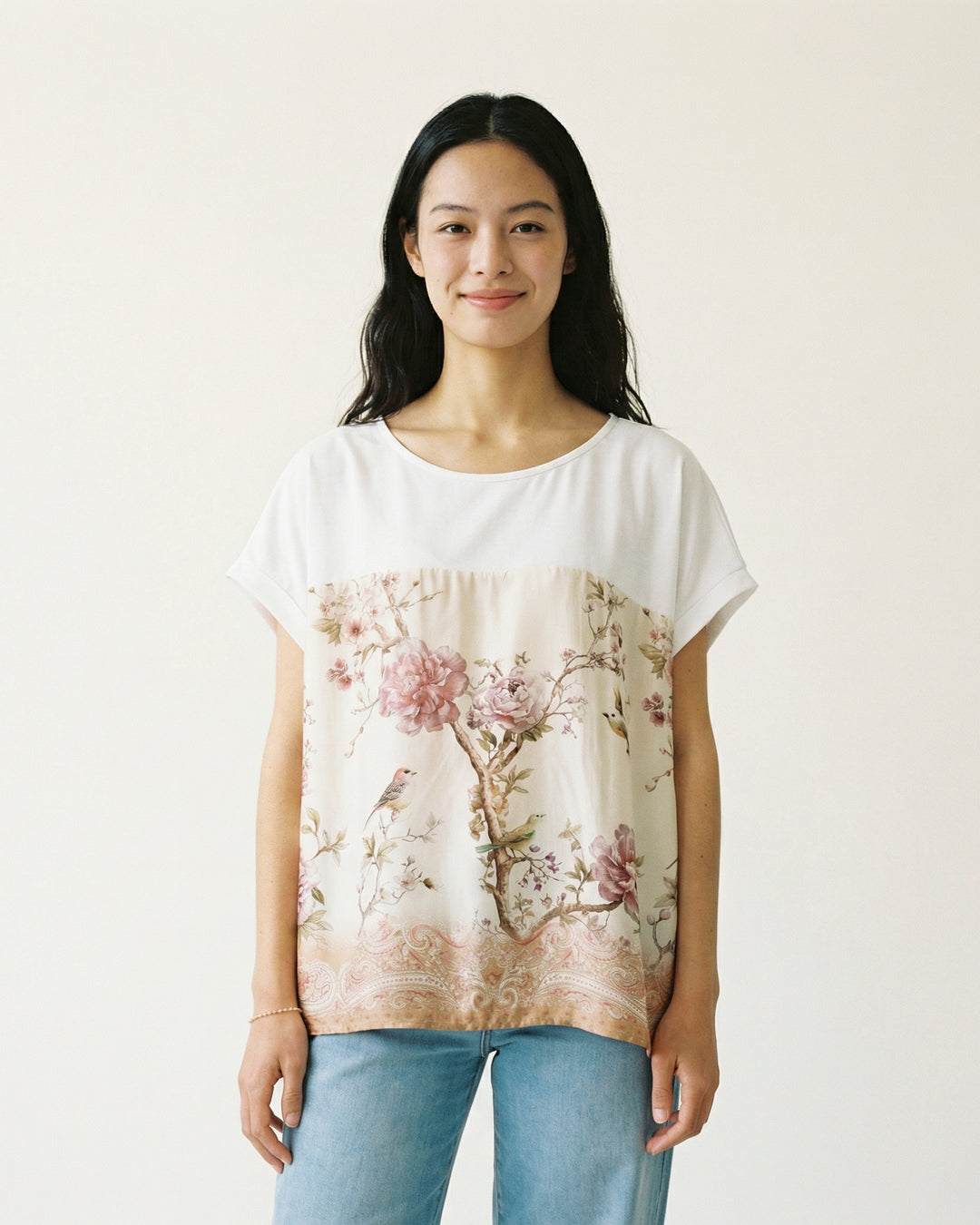 T-shirt imprimé floral romantique et oiseaux fluide KD8860-4